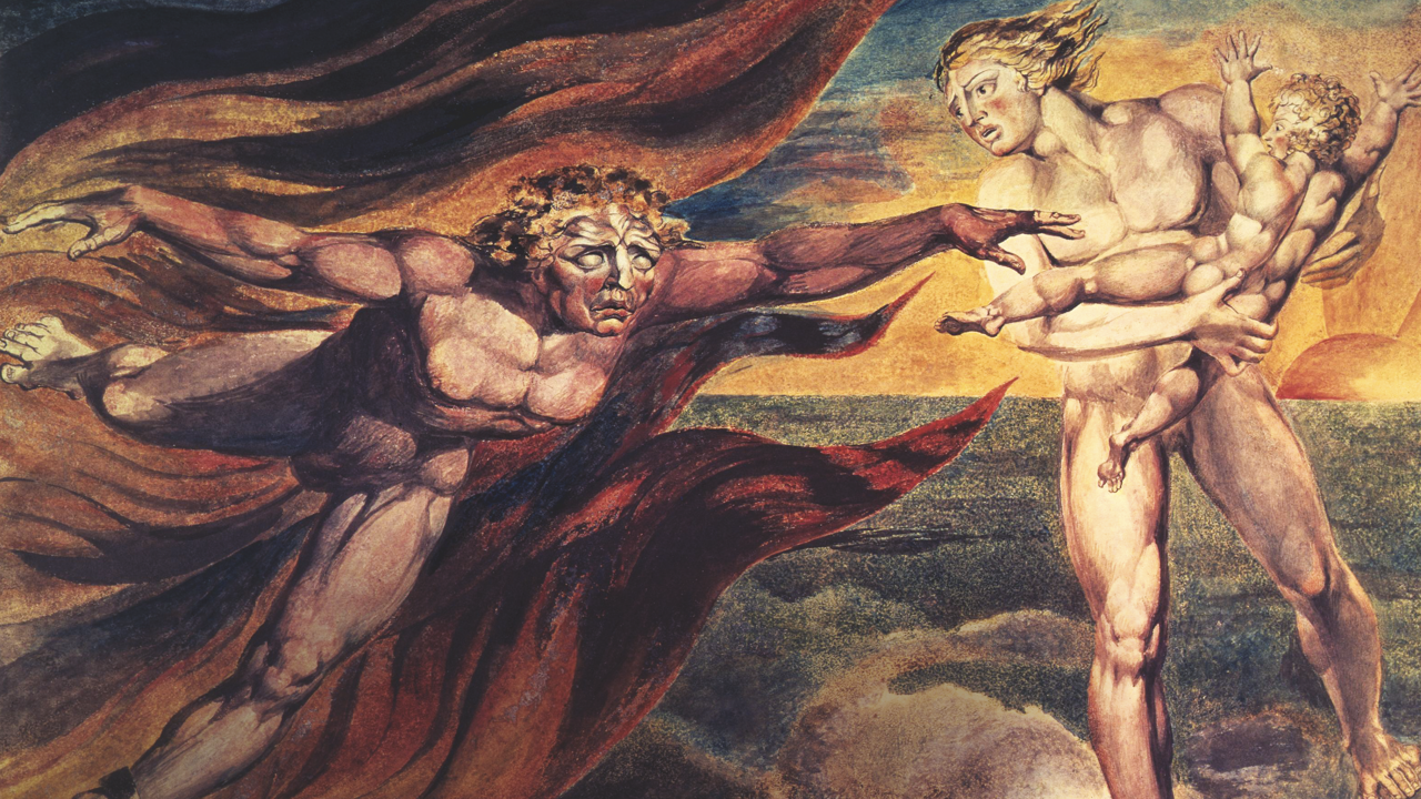 William Blake's good and evil angels struggling for possession of a child.