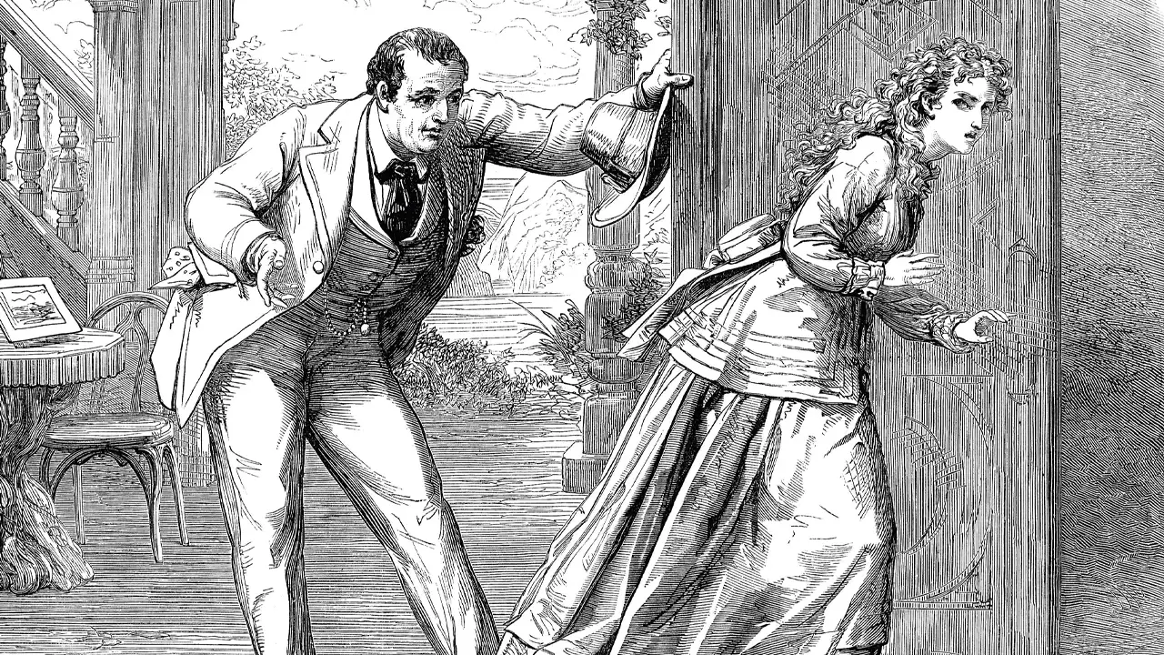 An illustration of the play The Woman in White that premiered in London in 1871.