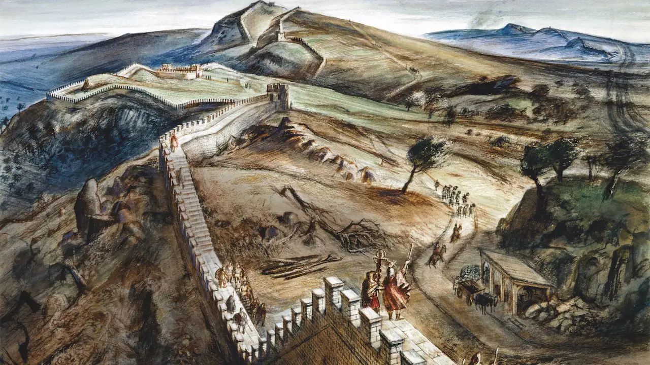 A reconstruction drawing of Hadrian’s Wall in Walltown Crags, Northumberland.