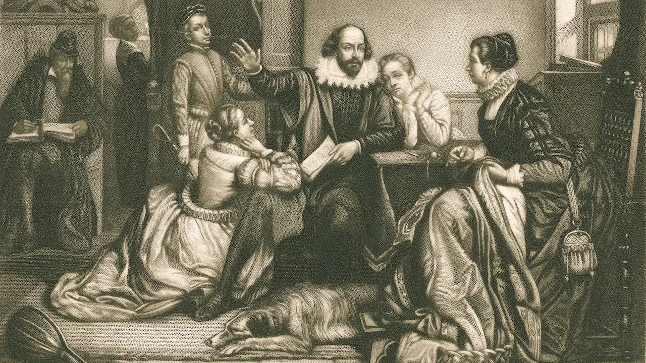 Shakespeare with his family, at Stratford, reciting the tragedy of Hamlet, a 19th century print by George Edward Perine